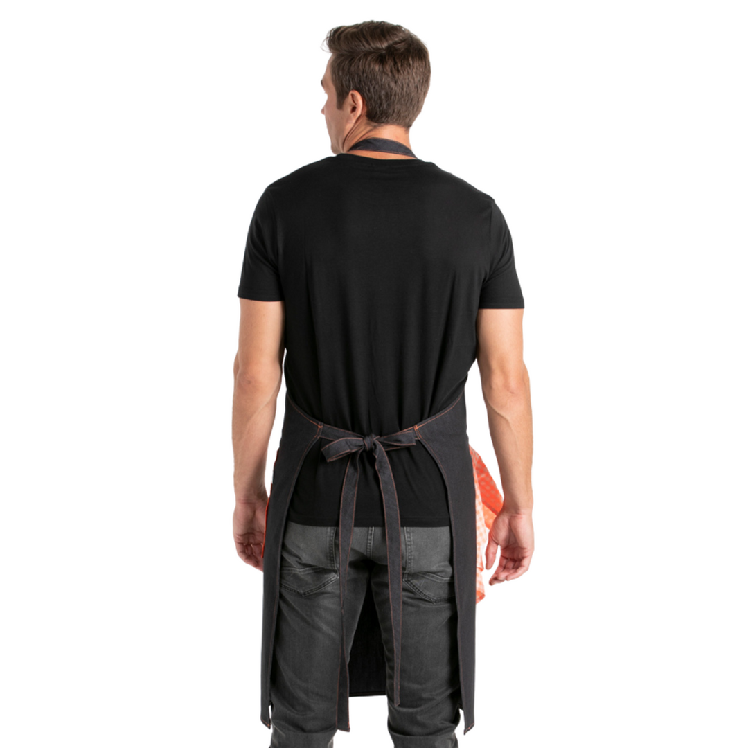 Avental Denim Preto Faixa Xadrez Laranja