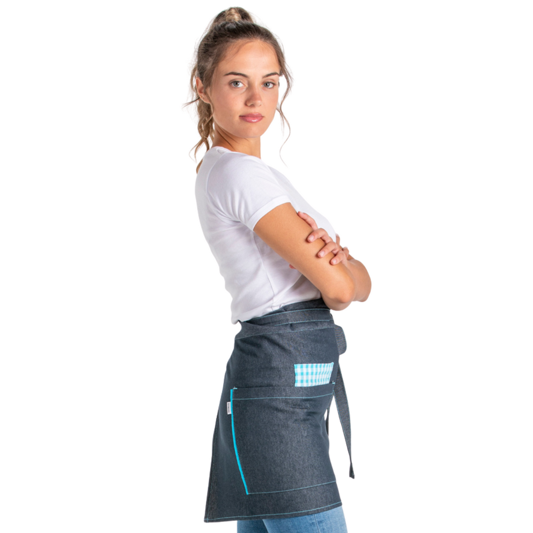 <br>Avental Jeans Curto Xadrez Azul